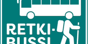 A sign of a bus stop with a text "retkibussi" (Adventure bus)