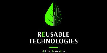 'Reusable Technologies' written in white on a black background with a leaf to the left as well as the words rethink, remake, reuse written under 