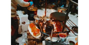 Game food in snow castle during nature seminar in Perho